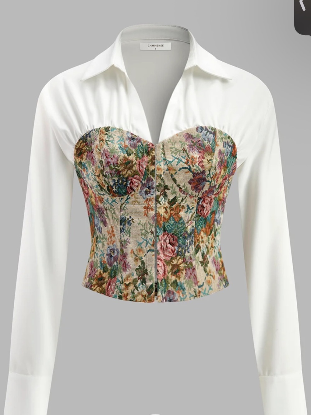 COMMENSE White Shirt with Floral Tapestry Corset